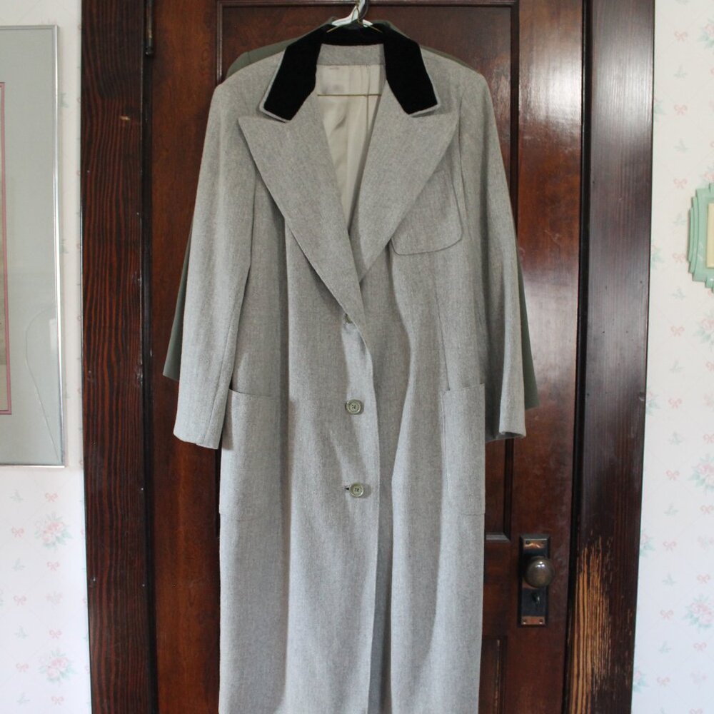 Vintage 1970s Youthcraft Gray Wool Midi Coat, Black Velvet Collar, Union Made